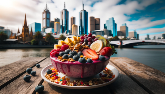 Photo of a vibrant acai bowl topped with fresh fruits, granola, and a drizzle of honey, placed on a rustic wooden table with a backdrop of Melbourne's iconic skyline during the day.